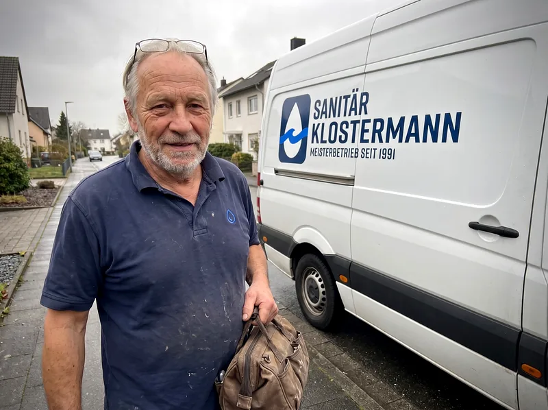 Wolfgang Klostermann – Installateur- und Heizungsbauermeister vor dem Sanitär Klostermann Einsatzfahrzeug
